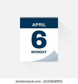 Day calendar with date April 6. Calendar icon vector. Event calendar reminder, business meeting schedule date sign, deadline template, appointment date symbol, page calendar agenda planner sign.