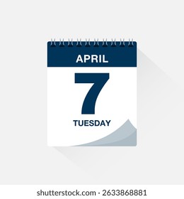 Day calendar with date April 7. Calendar icon vector. Event calendar reminder, business meeting schedule date sign, deadline template, appointment date symbol, page calendar agenda planner sign.
