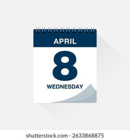 Day calendar with date April 8. Calendar icon vector. Event calendar reminder, business meeting schedule date sign, deadline template, appointment date symbol, page calendar agenda planner sign.