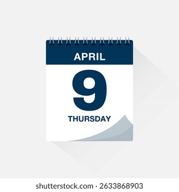 Day calendar with date April 9. Calendar icon vector. Event calendar reminder, business meeting schedule date sign, deadline template, appointment date symbol, page calendar agenda planner sign.