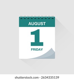 Day calendar with date August 1. Calendar icon vector. Event calendar reminder, business meeting schedule organiser, deadline template, appointment date symbol, page calendar agenda planner sign.