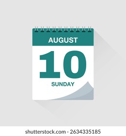Day calendar with date August 10. Calendar icon vector. Event calendar reminder, business meeting schedule organiser, deadline template, appointment date symbol, page calendar agenda planner sign.