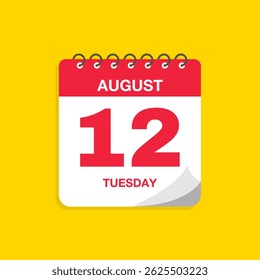 Day calendar with date August 12. Calendar icon vector illustration. Event calendar reminder, business meeting schedule, appointment date symbol, page calendar agenda planner sign, deadline template.