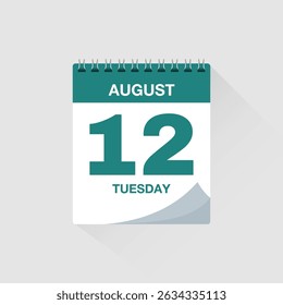 Day calendar with date August 12. Calendar icon vector. Event calendar reminder, business meeting schedule organiser, deadline template, appointment date symbol, page calendar agenda planner sign.