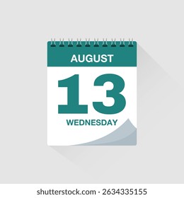 Day calendar with date August 13. Calendar icon vector. Event calendar reminder, business meeting schedule organiser, deadline template, appointment date symbol, page calendar agenda planner sign.