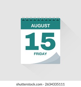 Day calendar with date August 15. Calendar icon vector. Event calendar reminder, business meeting schedule organiser, deadline template, appointment date symbol, page calendar agenda planner sign.