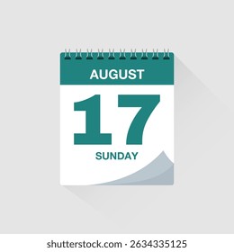 Day calendar with date August 17. Calendar icon vector. Event calendar reminder, business meeting schedule organiser, deadline template, appointment date symbol, page calendar agenda planner sign.