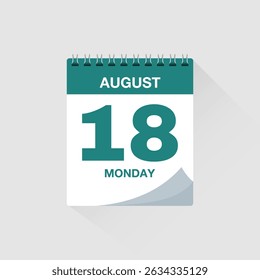Day calendar with date August 18. Calendar icon vector. Event calendar reminder, business meeting schedule organiser, deadline template, appointment date symbol, page calendar agenda planner sign.