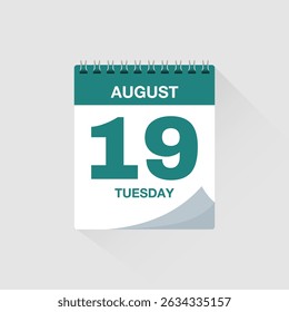 Day calendar with date August 19. Calendar icon vector. Event calendar reminder, business meeting schedule organiser, deadline template, appointment date symbol, page calendar agenda planner sign.