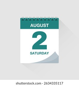 Day calendar with date August 2. Calendar icon vector. Event calendar reminder, business meeting schedule organiser, deadline template, appointment date symbol, page calendar agenda planner sign.