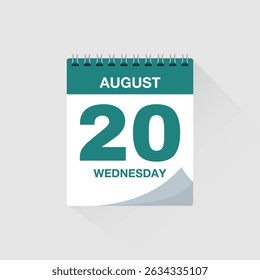Day calendar with date August 20. Calendar icon vector. Event calendar reminder, business meeting schedule organiser, deadline template, appointment date symbol, page calendar agenda planner sign.