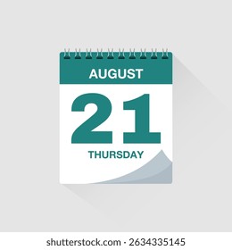 Day calendar with date August 21. Calendar icon vector. Event calendar reminder, business meeting schedule organiser, deadline template, appointment date symbol, page calendar agenda planner sign.