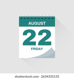 Day calendar with date August 22. Calendar icon vector. Event calendar reminder, business meeting schedule organiser, deadline template, appointment date symbol, page calendar agenda planner sign.