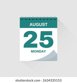 Day calendar with date August 25. Calendar icon vector. Event calendar reminder, business meeting schedule organiser, deadline template, appointment date symbol, page calendar agenda planner sign.