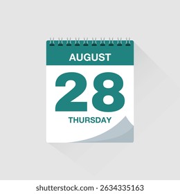 Day calendar with date August 28. Calendar icon vector. Event calendar reminder, business meeting schedule organiser, deadline template, appointment date symbol, page calendar agenda planner sign.
