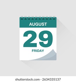 Day calendar with date August 29. Calendar icon vector. Event calendar reminder, business meeting schedule organiser, deadline template, appointment date symbol, page calendar agenda planner sign.
