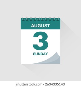Day calendar with date August 3. Calendar icon vector. Event calendar reminder, business meeting schedule organiser, deadline template, appointment date symbol, page calendar agenda planner sign.