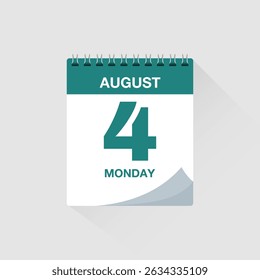 Day calendar with date August 4. Calendar icon vector. Event calendar reminder, business meeting schedule organiser, deadline template, appointment date symbol, page calendar agenda planner sign.