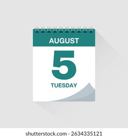 Day calendar with date August 5. Calendar icon vector. Event calendar reminder, business meeting schedule organiser, deadline template, appointment date symbol, page calendar agenda planner sign.
