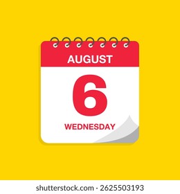 Day calendar with date August 6. Calendar icon vector illustration. Event calendar reminder, business meeting schedule, appointment date symbol, page calendar agenda planner sign, deadline template.