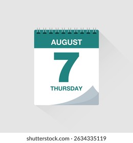 Day calendar with date August 7. Calendar icon vector. Event calendar reminder, business meeting schedule organiser, deadline template, appointment date symbol, page calendar agenda planner sign.
