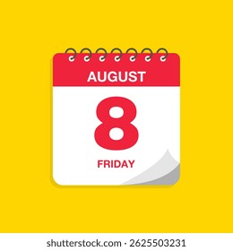 Day calendar with date August 8. Calendar icon vector illustration. Event calendar reminder, business meeting schedule, appointment date symbol, page calendar agenda planner sign, deadline template.