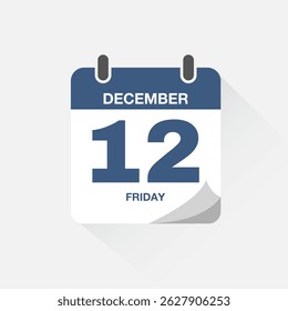 Day calendar with date December 12. Calendar icon vector. Event calendar reminder, business meeting schedule date sign, deadline template, appointment date symbol, page calendar agenda planner sign.