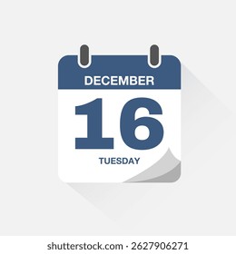 Day calendar with date December 16. Calendar icon vector. Event calendar reminder, business meeting schedule date sign, deadline template, appointment date symbol, page calendar agenda planner sign.