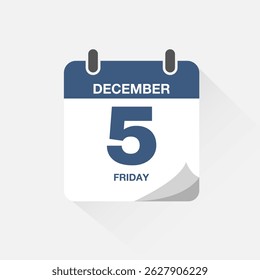 Day calendar with date December 5. Calendar icon vector. Event calendar reminder, business meeting schedule date sign, deadline template, appointment date symbol, page calendar agenda planner sign.