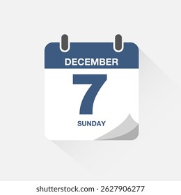 Day calendar with date December 7. Calendar icon vector. Event calendar reminder, business meeting schedule date sign, deadline template, appointment date symbol, page calendar agenda planner sign.