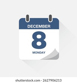 Day calendar with date December 8. Calendar icon vector. Event calendar reminder, business meeting schedule date sign, deadline template, appointment date symbol, page calendar agenda planner sign.