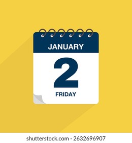 Day calendar with date January 2. Calendar icon vector. Event calendar reminder, business meeting schedule date sign, deadline template, appointment date symbol, page calendar agenda planner sign.