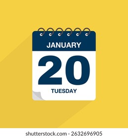 Day calendar with date January 20. Calendar icon vector. Event calendar reminder, business meeting schedule date sign, deadline template, appointment date symbol, page calendar agenda planner sign.