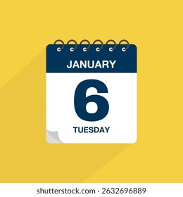 Day calendar with date January 6. Calendar icon vector. Event calendar reminder, business meeting schedule date sign, deadline template, appointment date symbol, page calendar agenda planner sign.