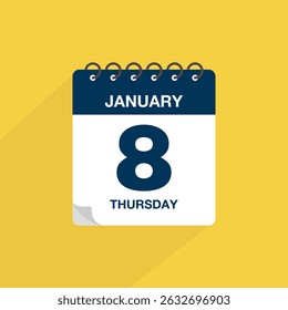Day calendar with date January 8. Calendar icon vector. Event calendar reminder, business meeting schedule date sign, deadline template, appointment date symbol, page calendar agenda planner sign.