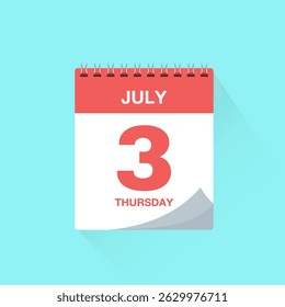 Day calendar with date July 3, calendar icon vector illustration. Event calendar reminder, business meeting schedule, appointment date symbol, page calendar agenda planner sign, deadline template.