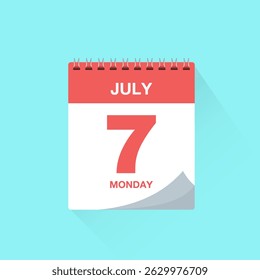 Day calendar with date July 7, calendar icon vector illustration. Event calendar reminder, business meeting schedule, appointment date symbol, page calendar agenda planner sign, deadline template.