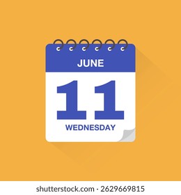 Day calendar with date June 11. Calendar icon vector. Event calendar reminder, business meeting schedule date sign, deadline template, appointment date symbol, page calendar agenda planner sign.