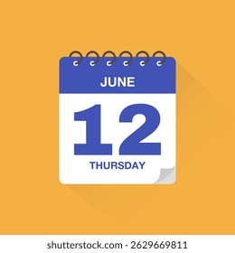 Day calendar with date June 12. Calendar icon vector. Event calendar reminder, business meeting schedule date sign, deadline template, appointment date symbol, page calendar agenda planner sign.