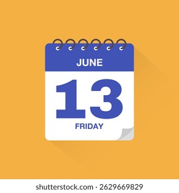 Day calendar with date June 13. Calendar icon vector. Event calendar reminder, business meeting schedule date sign, deadline template, appointment date symbol, page calendar agenda planner sign.