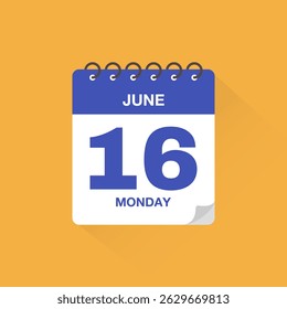 Day calendar with date June 16. Calendar icon vector. Event calendar reminder, business meeting schedule date sign, deadline template, appointment date symbol, page calendar agenda planner sign.