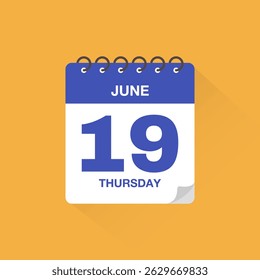 Day calendar with date June 19. Calendar icon vector. Event calendar reminder, business meeting schedule date sign, deadline template, appointment date symbol, page calendar agenda planner sign.