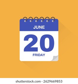 Day calendar with date June 20. Calendar icon vector. Event calendar reminder, business meeting schedule date sign, deadline template, appointment date symbol, page calendar agenda planner sign.