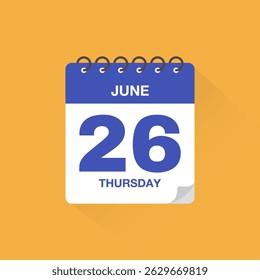 Calendário diário com data de 26 de junho. Vetor de ícone de calendário. Lembrete de calendário de eventos, sinal de data de agendamento de reunião de negócios, modelo de prazo, símbolo de data de compromisso, sinal de planejador de agenda do calendário de páginas.