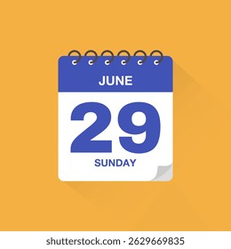 Day calendar with date June 29. Calendar icon vector. Event calendar reminder, business meeting schedule date sign, deadline template, appointment date symbol, page calendar agenda planner sign.