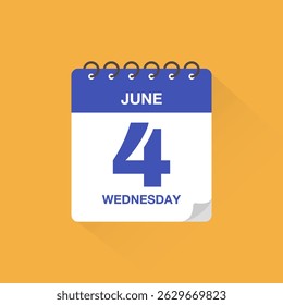 Calendário de dias com data 4 de junho. Vetor de ícone de calendário. Lembrete de calendário de eventos, sinal de data de agendamento de reunião de negócios, modelo de prazo, símbolo de data de compromisso, sinal de planejador de agenda do calendário de páginas.
