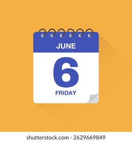 Day calendar with date June 6. Calendar icon vector. Event calendar reminder, business meeting schedule date sign, deadline template, appointment date symbol, page calendar agenda planner sign.