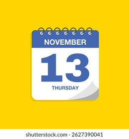 Day calendar with date November 13. Calendar icon vector. Business meeting schedule date sign, event calendar reminder, appointment date symbol, page calendar agenda planner sign, deadline template.