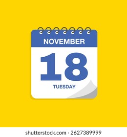 Day calendar with date November 18. Calendar icon vector. Business meeting schedule date sign, event calendar reminder, appointment date symbol, page calendar agenda planner sign, deadline template.