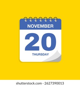 Day calendar with date November 20. Calendar icon vector. Business meeting schedule date sign, event calendar reminder, appointment date symbol, page calendar agenda planner sign, deadline template.